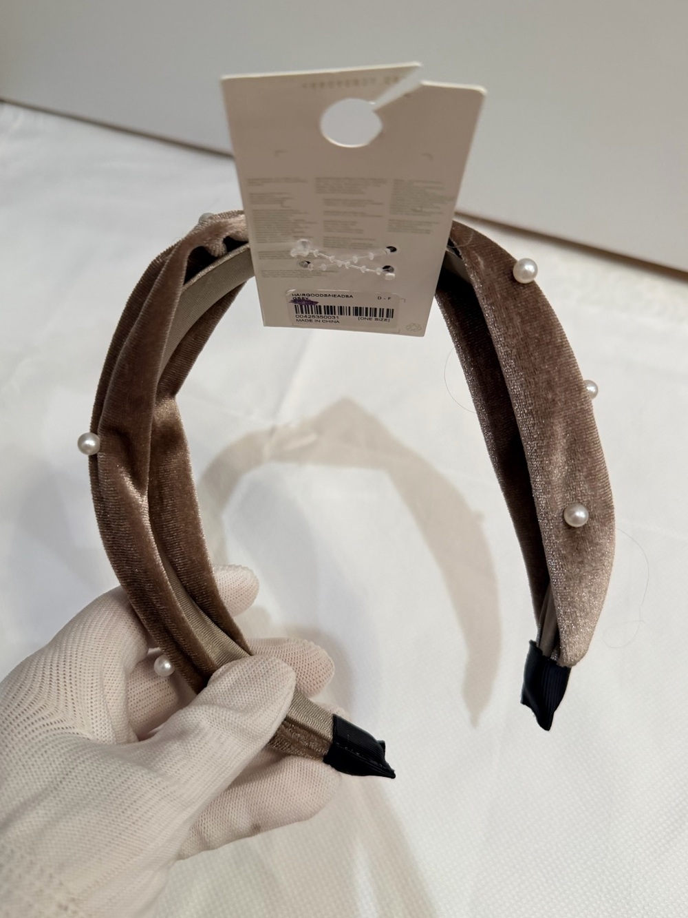 NWT: Velvet Pearl-Knot Headband in Taupe - Picture 2 of 5
